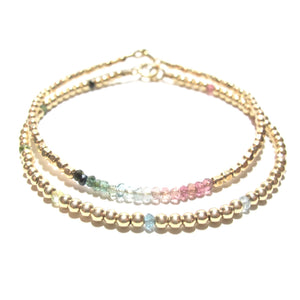 rainbow tourmaline line and gold beads bracelet