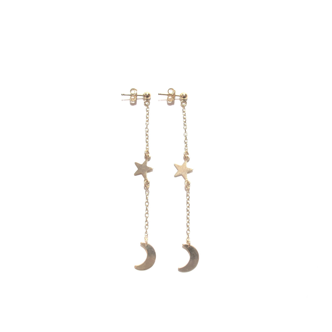 moon and star drop chain earrings